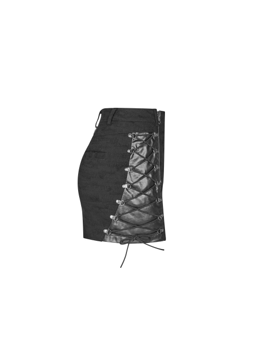 Front Zippers Side Splice Taped Woven Lace-Up Black Punk Tight Skirt