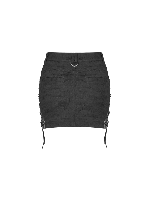 Front Zippers Side Splice Taped Woven Lace-Up Black Punk Tight Skirt