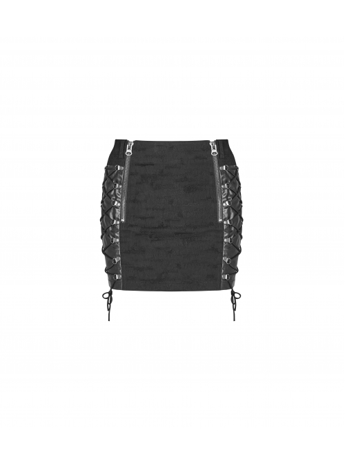 Front Zippers Side Splice Taped Woven Lace-Up Black Punk Tight Skirt