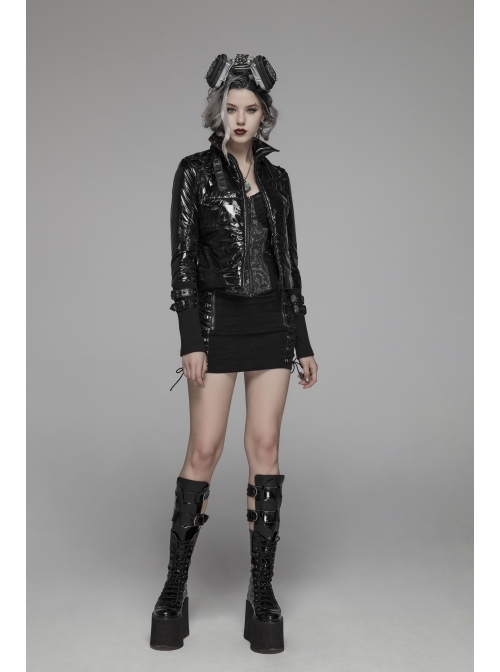 Front Zippers Side Splice Taped Woven Lace-Up Black Punk Tight Skirt