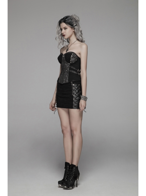 Front Zippers Side Splice Taped Woven Lace-Up Black Punk Tight Skirt