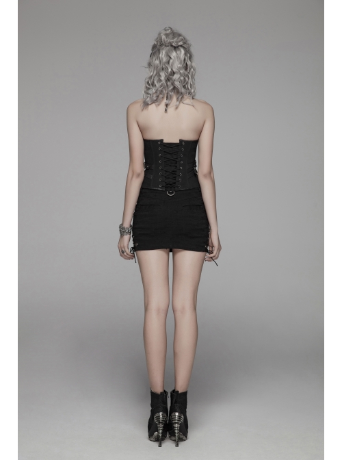 Front Zippers Side Splice Taped Woven Lace-Up Black Punk Tight Skirt