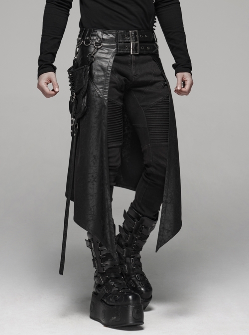 Metal Buckle Belt Side Pocket D-Buckle Leather Straps Sharp Corners Hem Black Punk Kilt