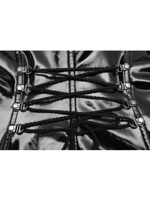 Patent Leather High Collar Chest Hollow-Out Asymmetric Front Panel Back Lace-Up Black Punk Chinese Style Tight Dress