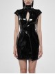 Patent Leather High Collar Chest Hollow-Out Asymmetric Front Panel Back Lace-Up Black Punk Chinese Style Tight Dress