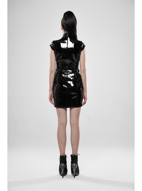 Patent Leather High Collar Chest Hollow-Out Asymmetric Front Panel Back Lace-Up Black Punk Chinese Style Tight Dress