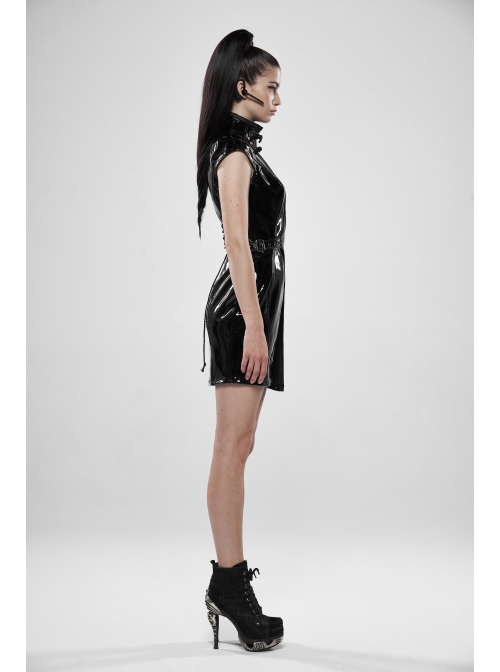 Patent Leather High Collar Chest Hollow-Out Asymmetric Front Panel Back Lace-Up Black Punk Chinese Style Tight Dress