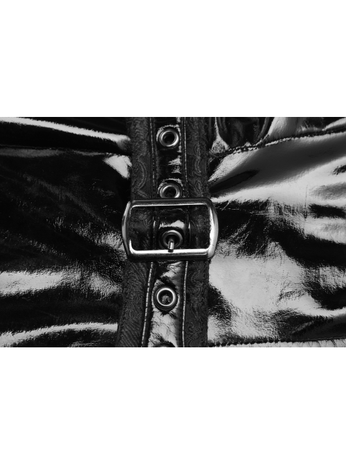 Patent Leather High Collar Chest Hollow-Out Asymmetric Front Panel Back Lace-Up Black Punk Chinese Style Tight Dress
