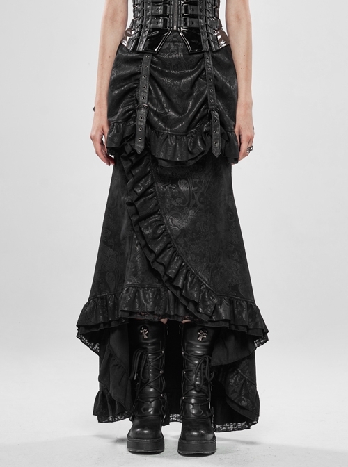Gorgeous Dark Floral Imitation Suede Metal Buckle Leather Loop Frill Hem Black Punk Tight Fishtail Skirt