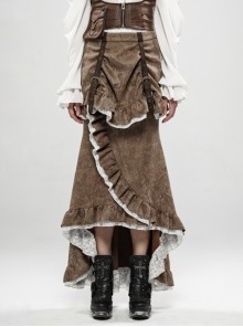 Gorgeous Dark Floral Imitation Suede Metal Buckle Leather Loop Frill Hem Khaki Punk Tight Fishtail Skirt