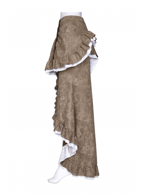 Gorgeous Dark Floral Imitation Suede Metal Buckle Leather Loop Frill Hem Khaki Punk Tight Fishtail Skirt