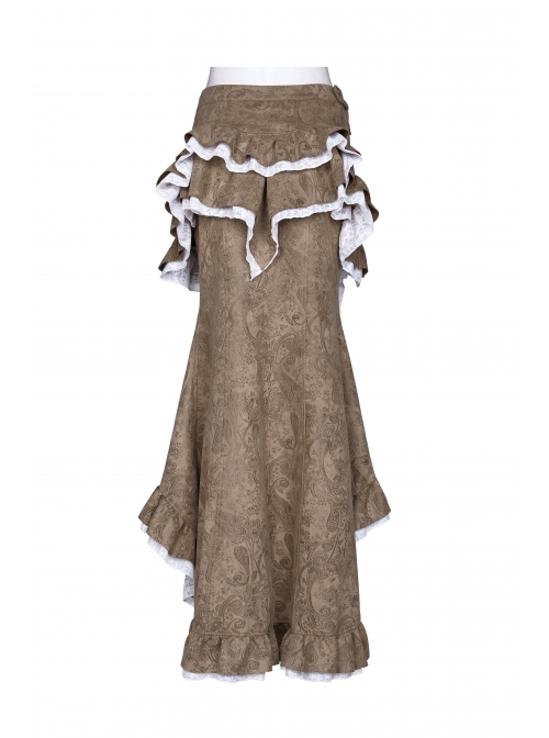 Gorgeous Dark Floral Imitation Suede Metal Buckle Leather Loop Frill Hem Khaki Punk Tight Fishtail Skirt