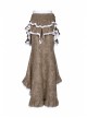 Gorgeous Dark Floral Imitation Suede Metal Buckle Leather Loop Frill Hem Khaki Punk Tight Fishtail Skirt