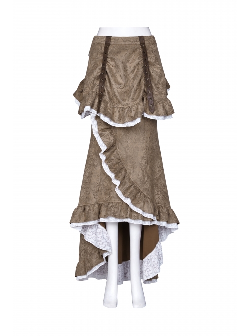 Gorgeous Dark Floral Imitation Suede Metal Buckle Leather Loop Frill Hem Khaki Punk Tight Fishtail Skirt