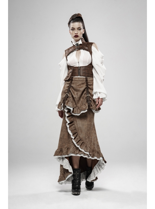Gorgeous Dark Floral Imitation Suede Metal Buckle Leather Loop Frill Hem Khaki Punk Tight Fishtail Skirt