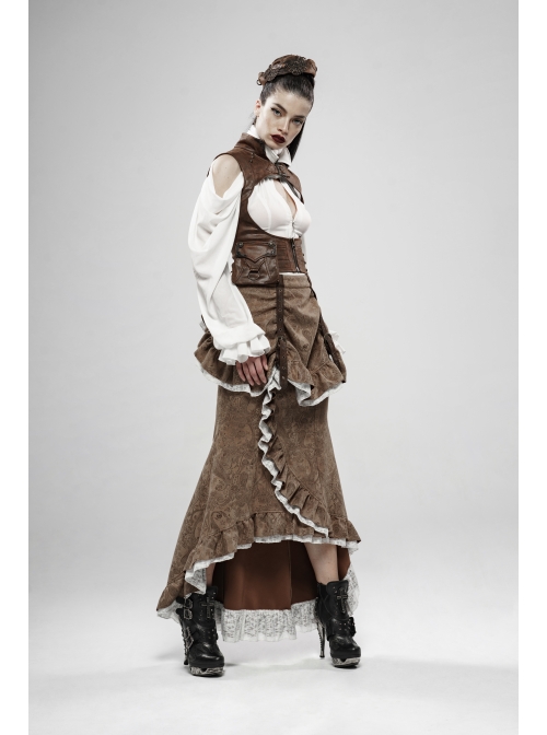 Gorgeous Dark Floral Imitation Suede Metal Buckle Leather Loop Frill Hem Khaki Punk Tight Fishtail Skirt