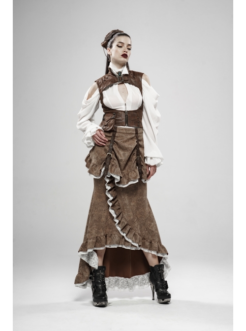 Gorgeous Dark Floral Imitation Suede Metal Buckle Leather Loop Frill Hem Khaki Punk Tight Fishtail Skirt