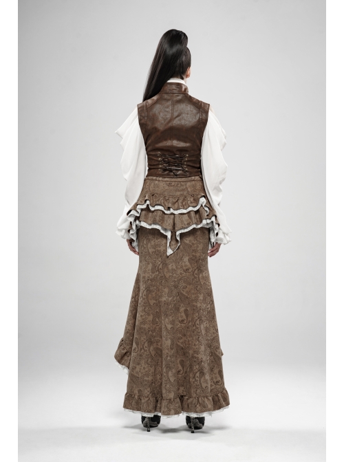 Gorgeous Dark Floral Imitation Suede Metal Buckle Leather Loop Frill Hem Khaki Punk Tight Fishtail Skirt