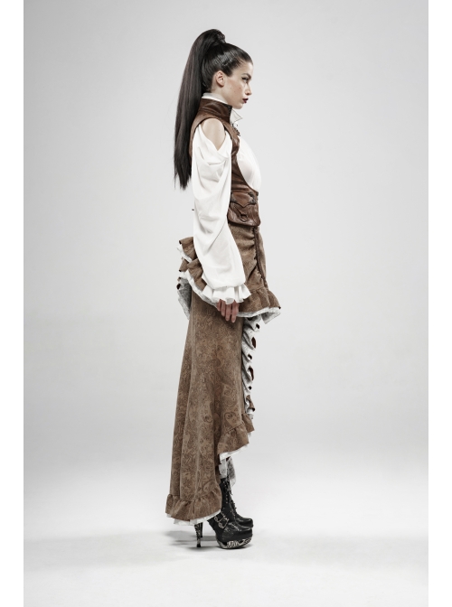 Gorgeous Dark Floral Imitation Suede Metal Buckle Leather Loop Frill Hem Khaki Punk Tight Fishtail Skirt