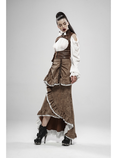 Gorgeous Dark Floral Imitation Suede Metal Buckle Leather Loop Frill Hem Khaki Punk Tight Fishtail Skirt