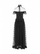 V-Neck Off-Shoulder Chest Splice Mesh Lace Cuff Pleated Hem Black Gothic Halter Long Dress
