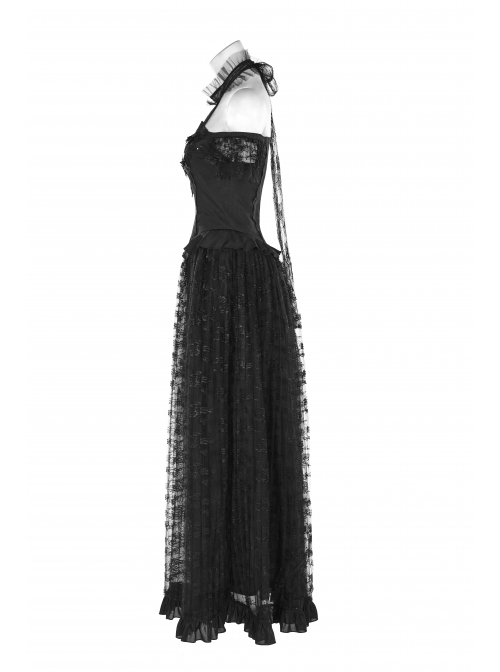 V-Neck Off-Shoulder Chest Splice Mesh Lace Cuff Pleated Hem Black Gothic Halter Long Dress