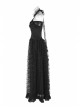 V-Neck Off-Shoulder Chest Splice Mesh Lace Cuff Pleated Hem Black Gothic Halter Long Dress