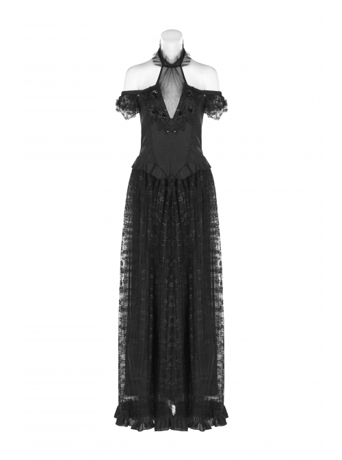 V-Neck Off-Shoulder Chest Splice Mesh Lace Cuff Pleated Hem Black Gothic Halter Long Dress