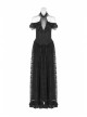 V-Neck Off-Shoulder Chest Splice Mesh Lace Cuff Pleated Hem Black Gothic Halter Long Dress