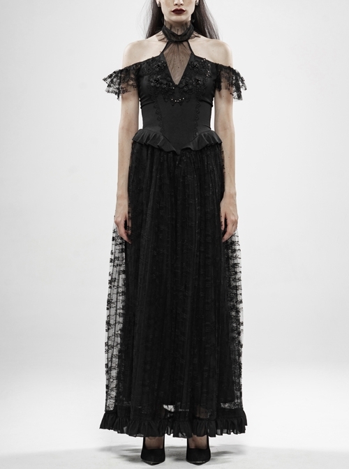 V-Neck Off-Shoulder Chest Splice Mesh Lace Cuff Pleated Hem Black Gothic Halter Long Dress