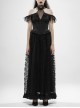 V-Neck Off-Shoulder Chest Splice Mesh Lace Cuff Pleated Hem Black Gothic Halter Long Dress