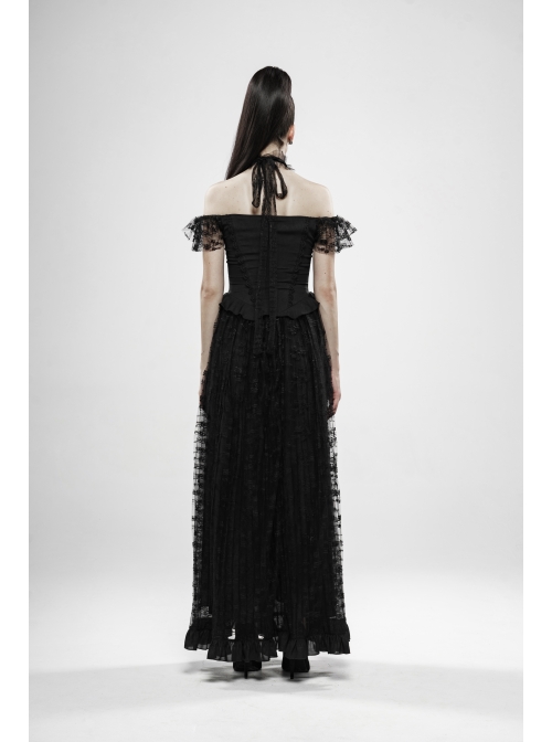 V-Neck Off-Shoulder Chest Splice Mesh Lace Cuff Pleated Hem Black Gothic Halter Long Dress