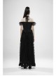 V-Neck Off-Shoulder Chest Splice Mesh Lace Cuff Pleated Hem Black Gothic Halter Long Dress