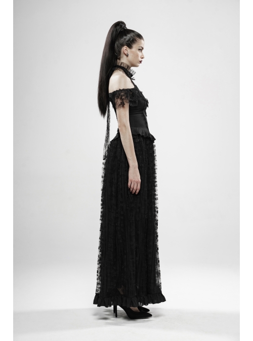 V-Neck Off-Shoulder Chest Splice Mesh Lace Cuff Pleated Hem Black Gothic Halter Long Dress