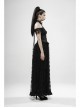 V-Neck Off-Shoulder Chest Splice Mesh Lace Cuff Pleated Hem Black Gothic Halter Long Dress