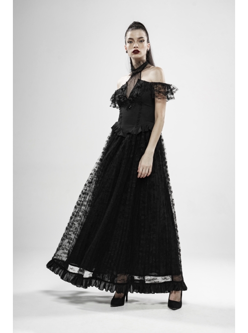 V-Neck Off-Shoulder Chest Splice Mesh Lace Cuff Pleated Hem Black Gothic Halter Long Dress