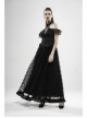 V-Neck Off-Shoulder Chest Splice Mesh Lace Cuff Pleated Hem Black Gothic Halter Long Dress