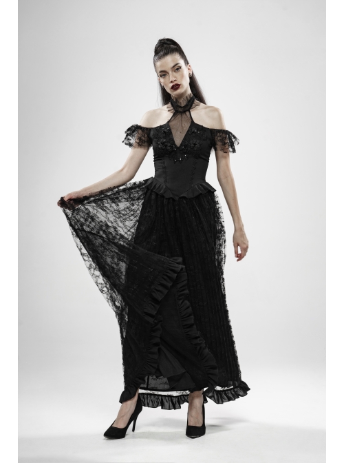 V-Neck Off-Shoulder Chest Splice Mesh Lace Cuff Pleated Hem Black Gothic Halter Long Dress