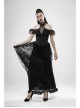 V-Neck Off-Shoulder Chest Splice Mesh Lace Cuff Pleated Hem Black Gothic Halter Long Dress