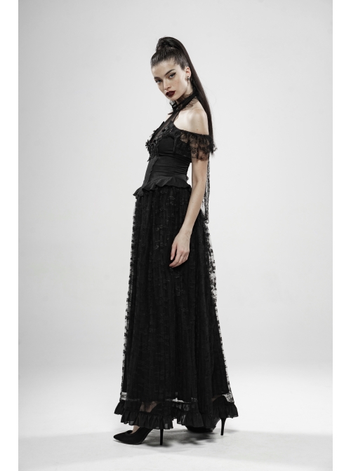 V-Neck Off-Shoulder Chest Splice Mesh Lace Cuff Pleated Hem Black Gothic Halter Long Dress
