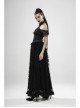 V-Neck Off-Shoulder Chest Splice Mesh Lace Cuff Pleated Hem Black Gothic Halter Long Dress