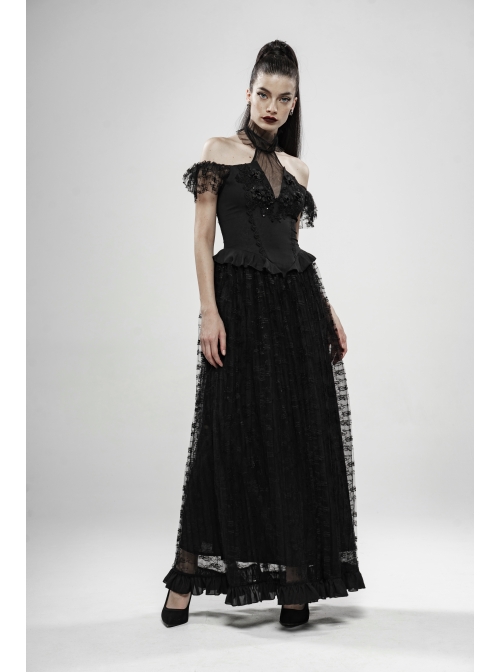V-Neck Off-Shoulder Chest Splice Mesh Lace Cuff Pleated Hem Black Gothic Halter Long Dress