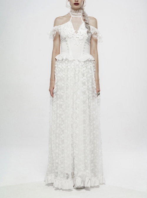 V-Neck Off-Shoulder Chest Splice Mesh Lace Cuff Pleated Hem White Gothic Halter Long Dress