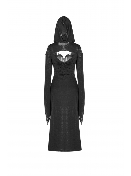 Front Chest Hollow-Out Braided Strap Metal Buckle Irregular Cutting The Cuff Black Gothic Slit Hooded Tight Dress