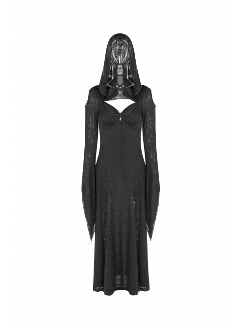 Front Chest Hollow-Out Braided Strap Metal Buckle Irregular Cutting The Cuff Black Gothic Slit Hooded Tight Dress
