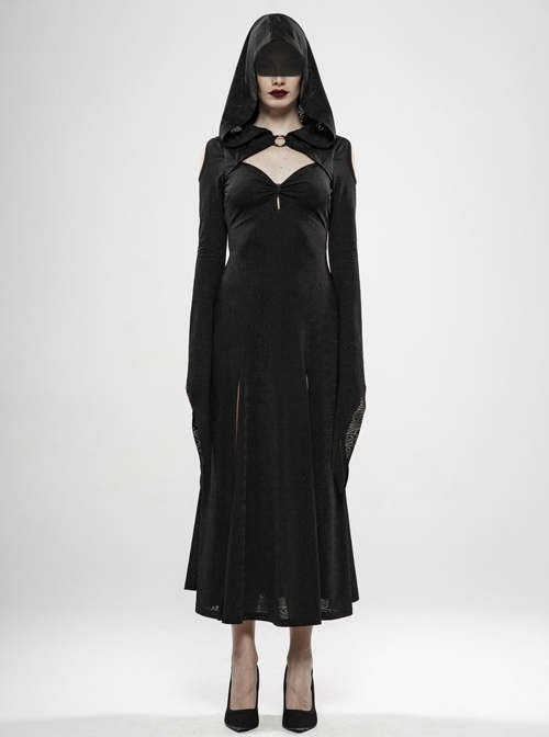 Front Chest Hollow-Out Braided Strap Metal Buckle Irregular Cutting The Cuff Black Gothic Slit Hooded Tight Dress