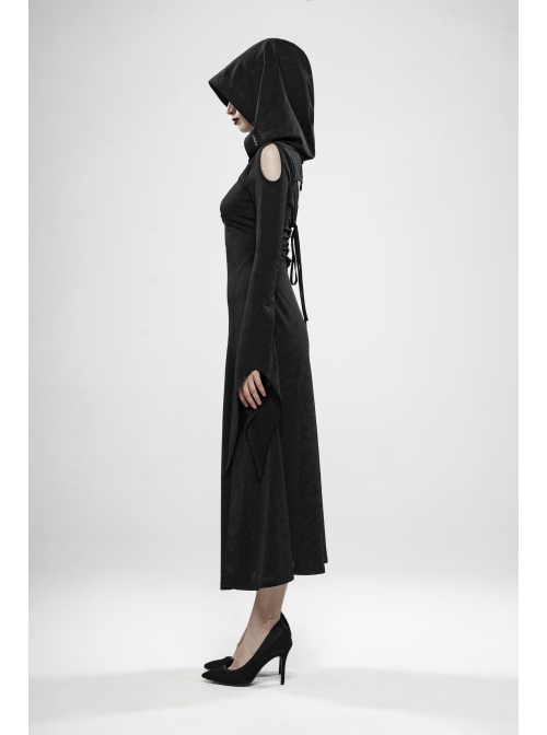 Front Chest Hollow-Out Braided Strap Metal Buckle Irregular Cutting The Cuff Black Gothic Slit Hooded Tight Dress