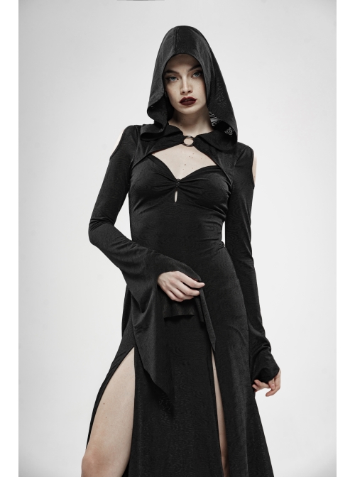 Front Chest Hollow-Out Braided Strap Metal Buckle Irregular Cutting The Cuff Black Gothic Slit Hooded Tight Dress