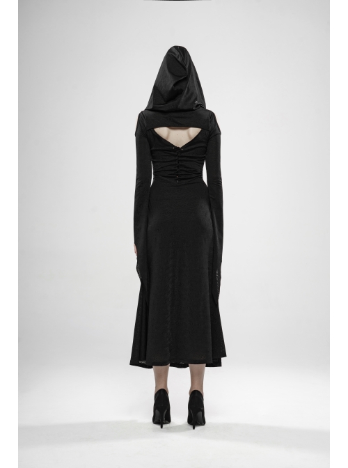 Front Chest Hollow-Out Braided Strap Metal Buckle Irregular Cutting The Cuff Black Gothic Slit Hooded Tight Dress