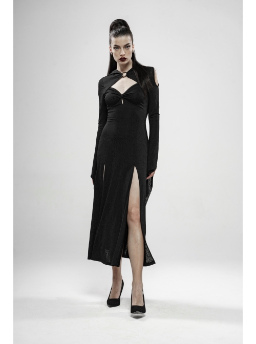 Front Chest Hollow-Out Braided Strap Metal Buckle Irregular Cutting The Cuff Black Gothic Slit Hooded Tight Dress
